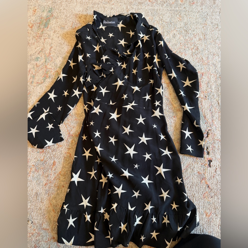 Réalisation Par Silk Wrap Dress Black White Star Print Size Medium